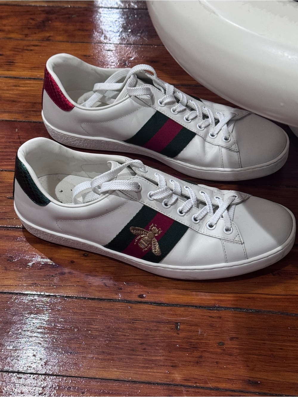 Gucci White Leather Sneakers with Green & Red Web and Gold Bee